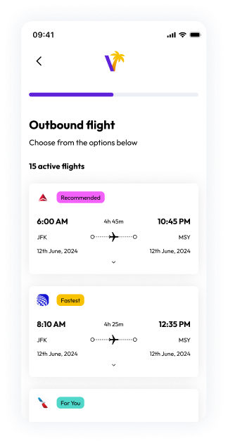 Vacayi screen showing compare flights in the context of your trip