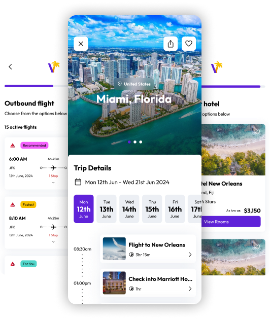 Vacayi trip planning screens shown across mobile devices