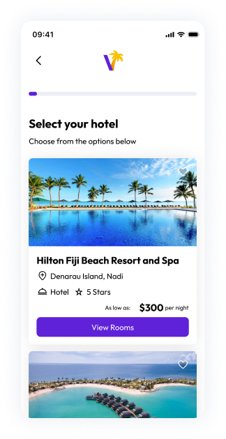 Vacayi screen demonstrating recommended hotels, premium and affordable