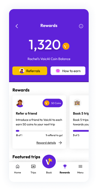 Vacayi screen demonstrating earn exclusive rewards along the way